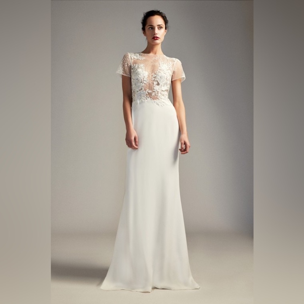 TANYA ROSE LACE CREPE SHORT SLEEVE WEDDING DRESS
